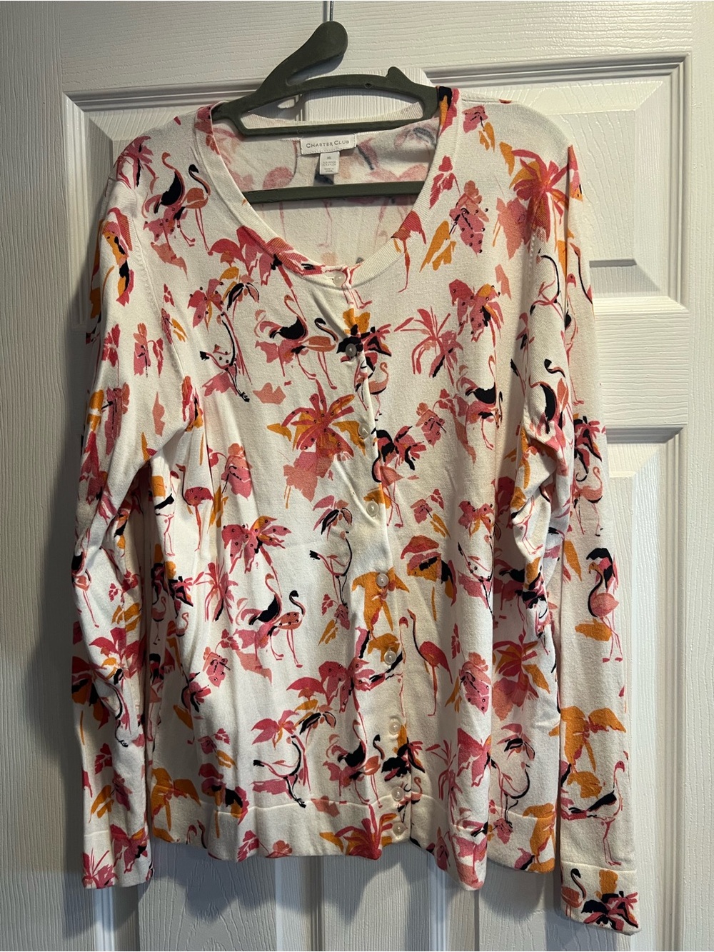 Charter Club Flamingo Print Cardigan - White, Pink & Mustard